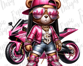 Hip Hop Female Biker Racer Graffiti Bear Cartoon- Digital Download PNG, JPEG - Pink Biker Motorcycle Theme -Ideal for T-Shirts and More