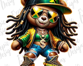 Dibujo animado de oso de peluche jamaicano estilo grafiti hip hop - Descarga digital PNG, JPEG - Tema Jamaica - Ideal para camisetas, sudaderas y más