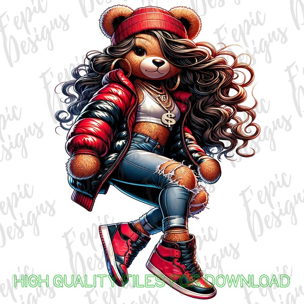 Hip Hop Girl Teddy Bear Graffiti Cartoon - Digital Download PNG, JPEG Urban Girl png -Sassy Red Black - for Tees and More, Female Teddy