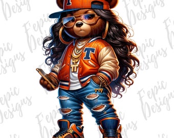 May include: A cartoon teddy bear wearing a blue and orange baseball cap, a blue and orange jacket, blue jeans, and orange and blue sneakers. The bear has long black hair and is holding a smartphone.