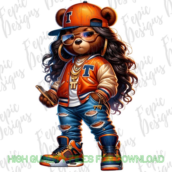 Hip Hop Girl Teddy Bear Graffiti Cartoon - Digital Download PNG, JPEG Urban Girl png -Sassy Shades Orange - Tees and More, Female Teddy
