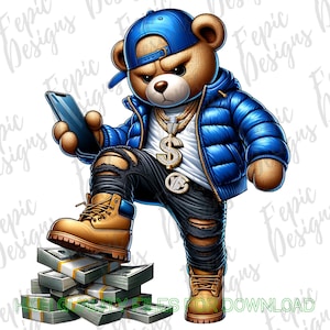 Hip Hop Teddy Bear Graffiti Cartoon - Money Bear Digital Download PNG, JPEG - Blue Puffer - Ideal for T-Shirts Hoodies and More