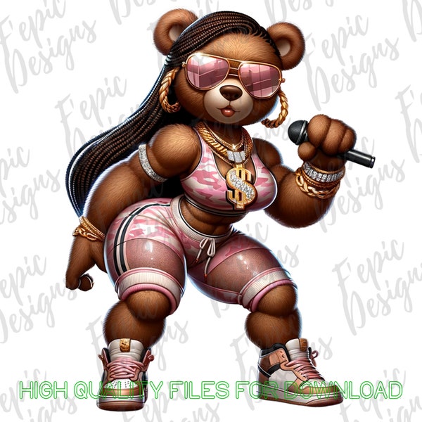 Hip Hop Female Rapper Teddy Bear Graffiti Cartoon - Digital Download PNG, JPEG - Pink Camo Sassy - Fit Girl -  Ideal for T-Shirts and More