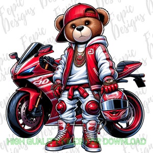 Hiphop Biker Racer Graffiti Bear Cartoon-digitale download PNG, JPEG - Street Biker Motorcycle Theme - Ideaal voor T-shirts, hoodies en meer