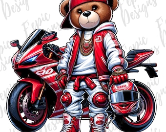 Oso de dibujos animados estilo hip hop y motociclista con grafiti - Descarga digital PNG, JPEG - Tema de motociclistas callejeros - Ideal para camisetas, sudaderas con capucha y más