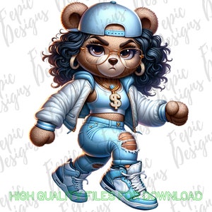 May include: A cartoon teddy bear wearing a blue and white baseball cap, blue jeans, a white jacket, and a gold chain with a dollar sign pendant. The bear has blue eyes, black hair, and is wearing glasses.