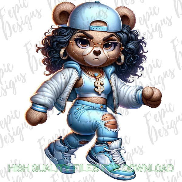 Hip Hop Female Teddy Bear Graffiti Cartoon - Descarga digital PNG, JPEG City Girl png -Sassy Light Blue- para camisetas y más, Girl Teddy