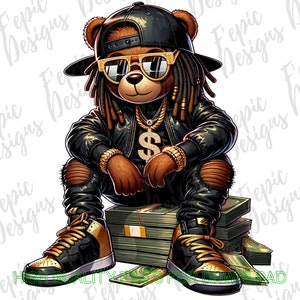 Hiphop teddybeer graffiti cartoon - Dready Bear digitale download png, jpeg - zwart en goud - ideaal voor T-shirts, hoodies en meer