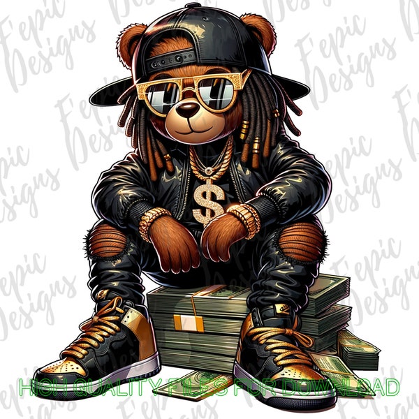 Hip Hop Teddy Bear Graffiti Cartoon - Dready Bear Digital Download PNG, JPEG - Black and Gold - Ideal for T-Shirts Hoodies and More