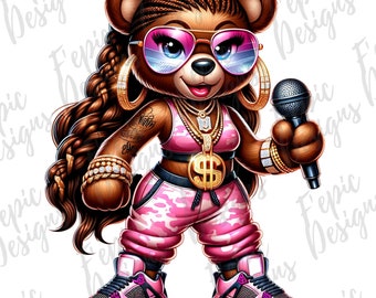 Hip Hop Female Rapper Teddy Bear Graffiti Cartoon - Digital Download PNG, JPEG - Pink Camo Tattoo - Sassy Girl - Ideal for T-Shirts and More