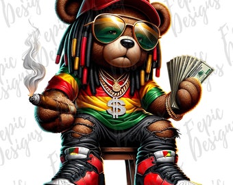 Oso jamaicano estilo grafiti hip hop - Descarga digital PNG, JPEG - Tema Jamaica - Ideal para camisetas, sudaderas y más