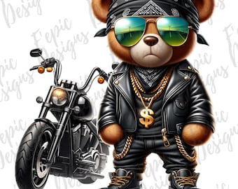 Oso de dibujos animados estilo grafiti motero hip hop - Descarga digital PNG, JPEG - Tema de motociclistas urbanos - Ideal para camisetas, sudaderas con capucha y más