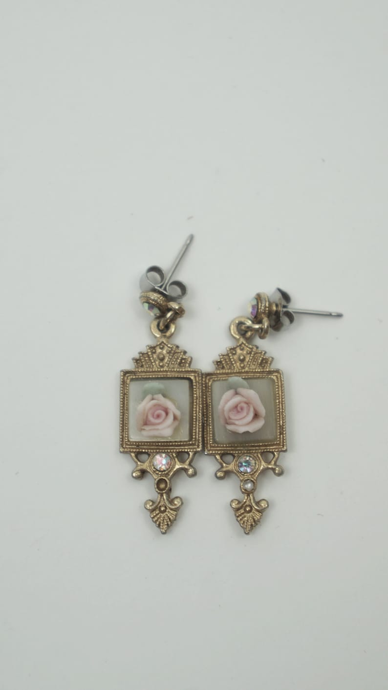 Vintage Unmarked Rose Dangle Earrings 3D Push Back Stud Rose Accessories Romantic Evening Formal Bridal Wedding