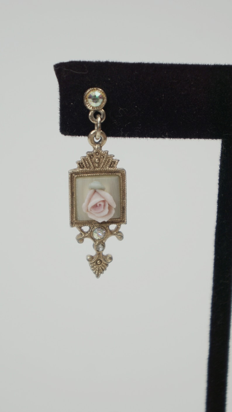 Vintage Unmarked Rose Dangle Earrings 3D Push Back Stud Rose Accessories Romantic Evening Formal Bridal Wedding