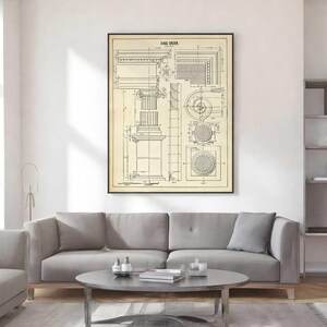 Vintage “IONIC Order” Architectural Print – Classic Greek Column Illustration, Wall Art for Design Lovers, Blue-Print Style Decor