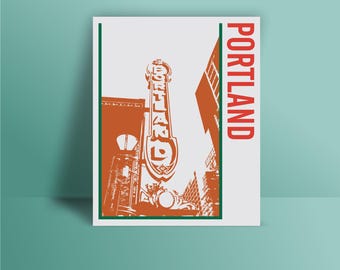 May include: A vintage-style illustration of a building with a large sign that reads "PORTLAND" in red letters. The building is in a brick style and has a green roof. The sign is on a white background with the word "PORTLAND" in red letters on the right side.