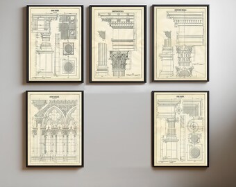 May include: Five framed architectural blueprint prints. Each print features detailed line drawings of building elements, including columns, arches, and structural details. The prints are in black and white, with a vintage aesthetic, and are displayed on a gray wall.