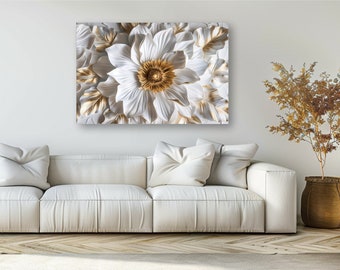 May include: A white and gold 3D floral wall art print with a close-up view of a large white flower with a gold center.