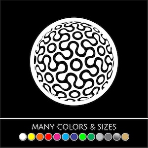 May include: A white and black graphic design of a sphere with a repeating pattern of connected shapes. The sphere is set against a black background. The text "MANY COLORS & SIZES" is below the sphere, with a color palette.