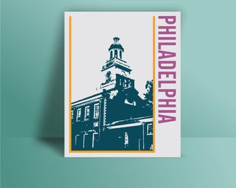 May include: A black and white silhouette of a building with a clock tower. The building is outlined in yellow and the word "PHILADELPHIA" is written in pink on the right side of the image.