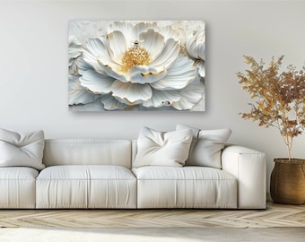 May include: A white and gold 3D floral wall art print with a bee in the center of the flower.
