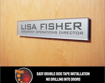Personalized Office DOOR SIGN Name Plate. Easy Installation No drilling Holes into Doors with Modern Silver Finish or Frosted White