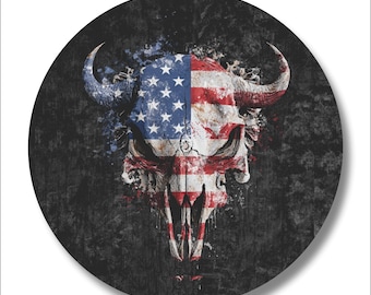 American Bull Skull Decal | USA Flag Western Skull Sticker | Patriotic Vinyl Decal for Truck, Car, Laptop, Window - 3.5" Diameter