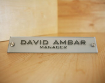 Personalized Office DESK SIGN Name Plate. Modern Stainless Steel Legs with Frosted Silver Acrylic Face