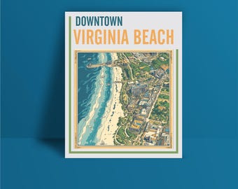 Virginia Beach Downtown Map Art Print — Retro Coastal City Map Poster, Boardwalk & Ocean View Wall Art, Gift for Beach Lovers