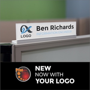 May include: A white and silver desk nameplate with the name "Ben Richards" and the title "Information Engineer" in black and blue text. The nameplate includes a logo and the text "NEW NOW WITH YOUR LOGO" in a black box.
