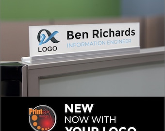 Custom Cubicle Name Plate & Desk Sign – Personalized Office Logo and Text – Modern Acrylic + Satin Anodized Aluminum Base
