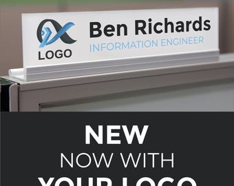 Custom Cubicle Name Plate & Desk Sign – Personalized Office Logo and Text – Modern Acrylic + Satin Anodized Aluminum Base