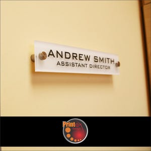 Personalized Office Door & Wall Name Plate – Custom Frosted White Acrylic and Stainless Steel Legs – Name / Title Sign - FROSTED WHITE