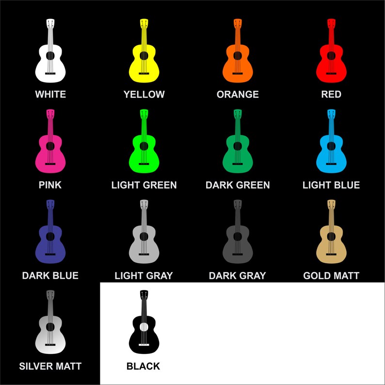 May include: A chart showing 14 different colored ukulele silhouettes, including white, yellow, orange, red, pink, light green, dark green, light blue, dark blue, light gray, dark gray, gold matt, silver matt, and black.