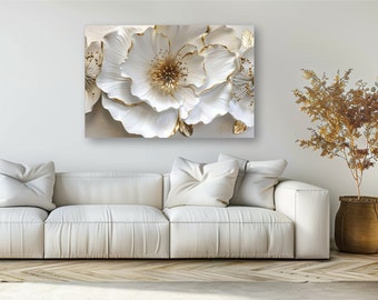 Floral 3D Wall Art, Canvas Gallery Wrap Print - F2 - Large white & gold Flower Artwork, wall art, volumetric white flower canvas print.