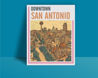 San Antonio Downtown Map Art Print — Vintage Sky‑Line City Map Poster, Texas Travel Wall Art, Gift for San Antonio Lovers