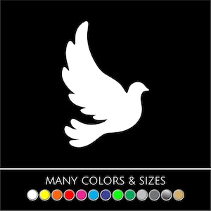 May include: A white dove silhouette with outstretched wings against a black background. The image includes the text "MANY COLORS & SIZES" and a color palette of various colors.