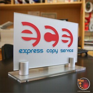 Personalized Office Front Desk Logo or message Sign. Modern Stainless Steel Legs  with 4 Plate Colors to choose from.