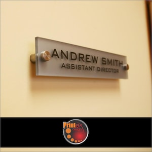 Personalized Office Wall or Door Name Plate - Custom Silver Acrylic Sign with Stainless Steel Legs -Name/Title Office Sign - FROSTED SILVER