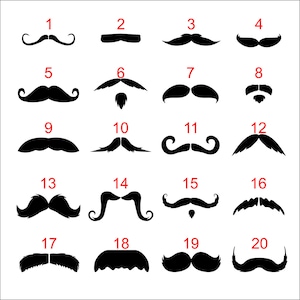 May include: A grid of 20 black mustache designs, each numbered in red from 1 to 20. The mustaches vary in style, including handlebar, pencil, horseshoe, and walrus mustaches, all on a white background.