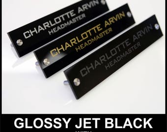 Personalized Office DESK SIGN Name Plate Sign. Modern Stainless Steel Legs with Glossy JET Black Plate and 3 Lettering Colors