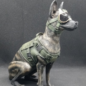 May include: A detailed figurine of a dog, seated, wearing a green tactical vest and goggles. The dog has a brindle coat with shades of gray and brown. The goggles are black with a gold-colored frame.
