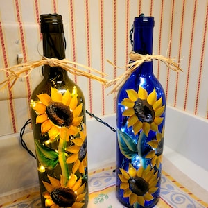 1.5 Ltr. Hand Painted Lighted Wine Bottle / Sunflowers on 1.5 Ltr. Hand Painted Lighted Wine Bottle / Sunflowers on