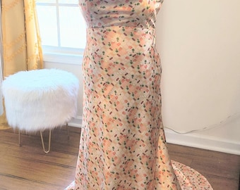 Satin Bias Cut Evening Gown, Lined Polyester, Silk Thread Detail