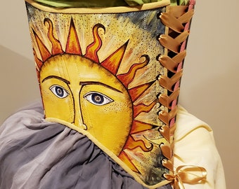 Hand-Painted Sun Corset, Fabric Paint Over Canvas, Steel Boning, Front/Back Lacing