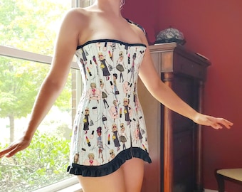 Quirky Print Underbust Corset: Vintage 1940s-50s Style