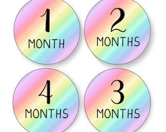 MONTHLY 12 Months Rainbow Baby Pastel Round Stickers Milestone Jumpsuit Twelve Month Stickers Newborn Baby Number Stickers UK Stick ON