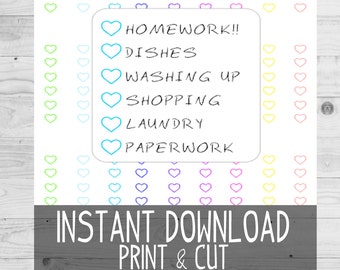 May include: Printable checklist with a light blue background and a white border. The checklist includes the following tasks: Homework, Dishes, Washing Up, Shopping, Laundry, Paperwork. The checklist is surrounded by a border of pink, blue, purple, and yellow hearts.