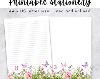 Printable Floral Lined Paper Butterfly Notepad Printable Writing Paper Set Digital Download Lined Unlined A4 & US Letter Size JPG PDF