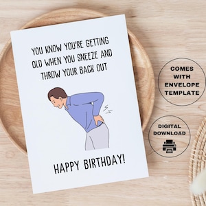 Tarjeta de cumpleaños divertida para imprimir, tarjeta divertida para estornudar, tirar hacia atrás, descarga DIGITAL, PDF, PNG, dolor de espalda para hombres, esposo, novio, hermano